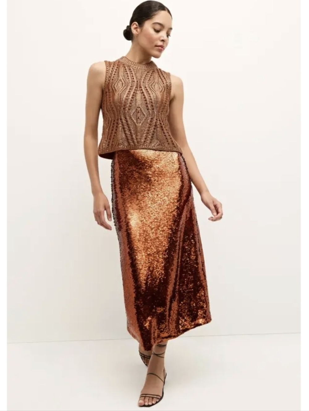 NEW Marie Oliver Wray Sequin Pencil Skirt Midi In Cinnamon Rust Glam $268 Sz 10